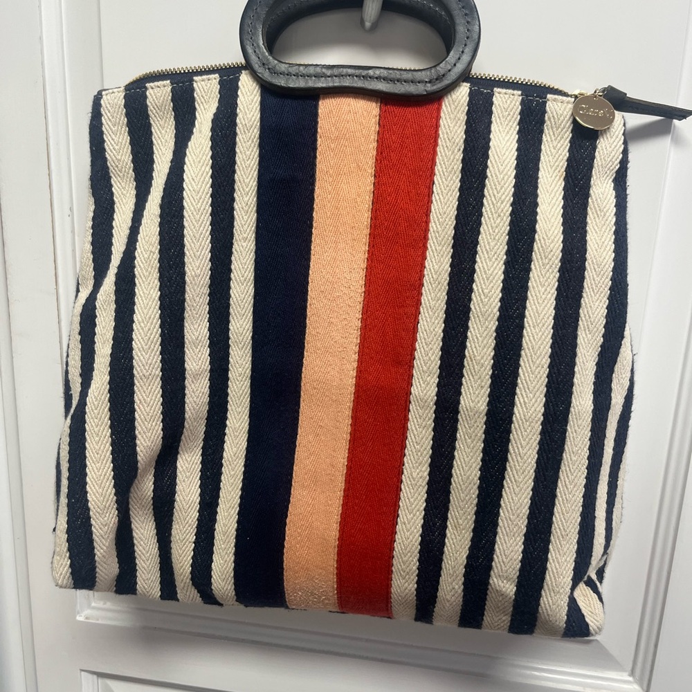 Clare V navy and beige striped Canvas Tote Bag with Red & pink Center Stripe